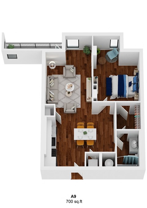 Floor plan for 1 bed, 1 bath, 700 sqft